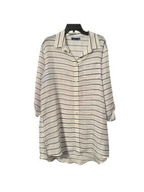 APT. 9 Womens Striped Long Sleeve Button Down Blouse Size L White multi tunic